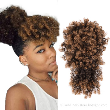 Wholesale High Puff Hair Pieces Short Brown Warp Bun Afro Kinky Curly Wig Ponytail Chignon With Bang Synthetic Hair Extensions